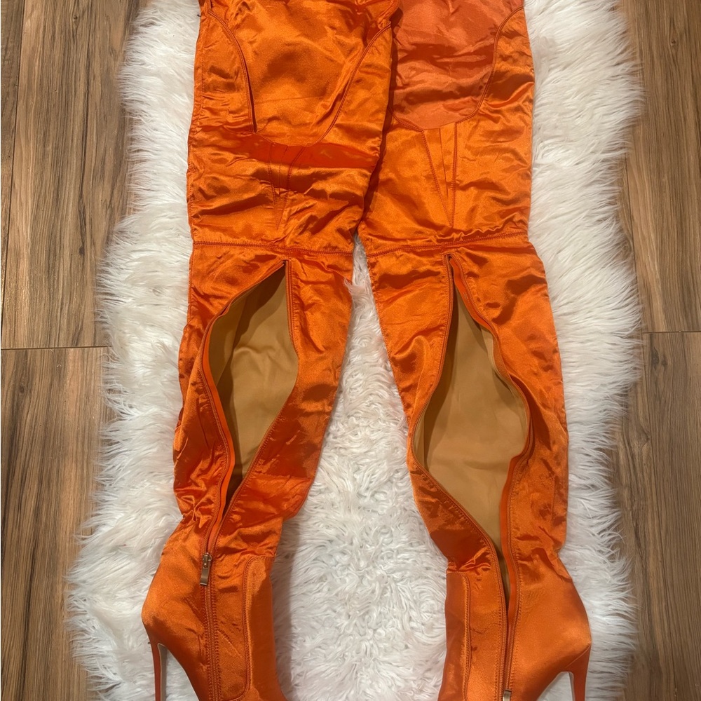 Women's Orange Satiny Over-the-Knee Boots - Sleek Statement Style - Picture 4 of 9